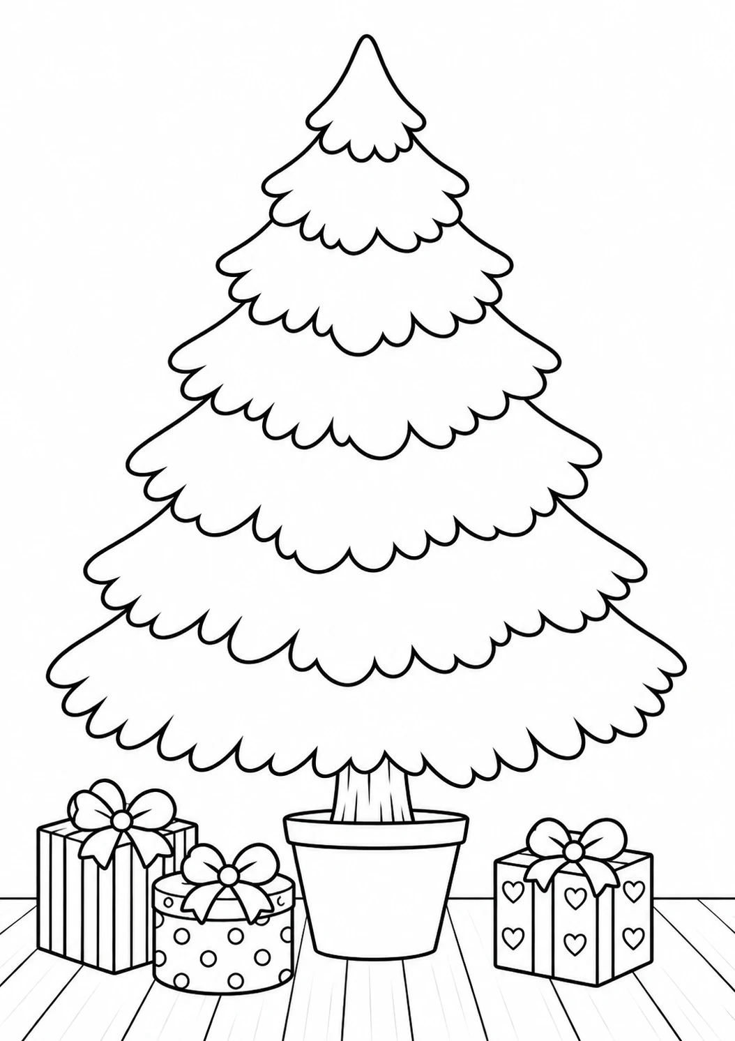 El árbol de trazo ancho: árbol de Navidad en blanco y negro para colorear