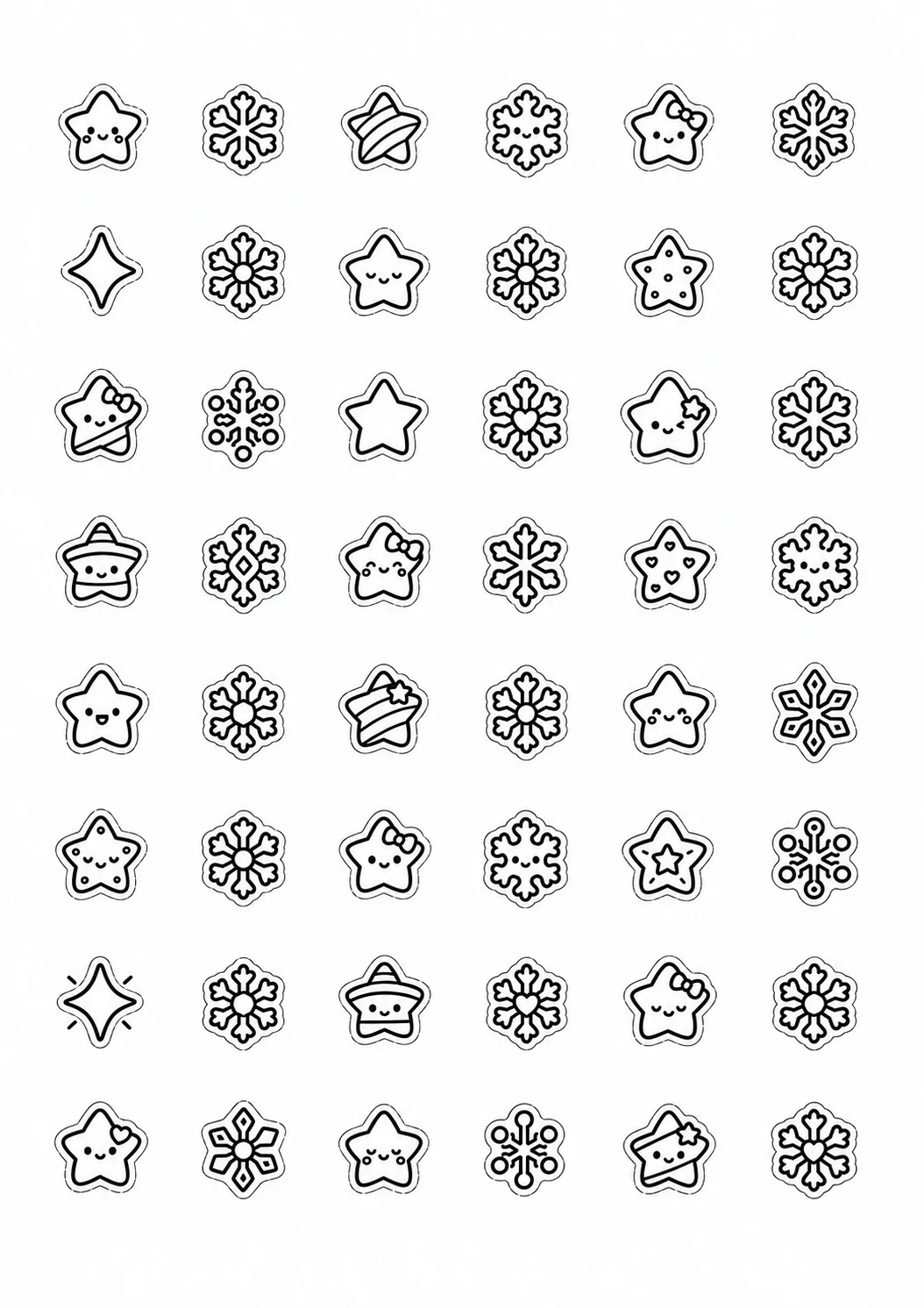 Solo estrellas y copos: lámina de adornos navideños en blanco y negro para colorear y recortar
