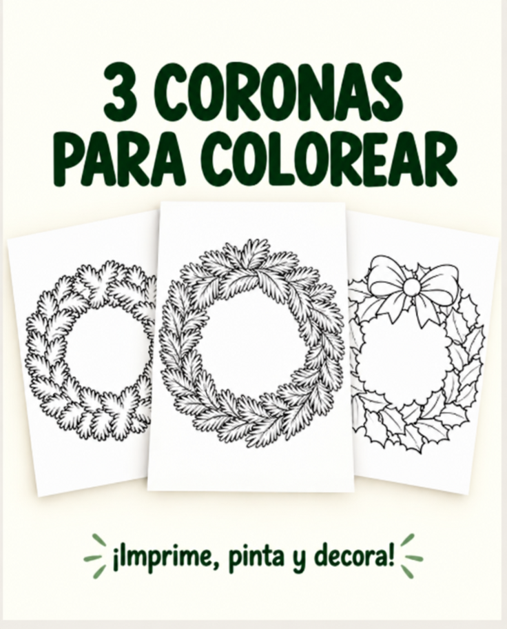 Tres hojas A4 con coronas navideñas en blanco y negro para colorear