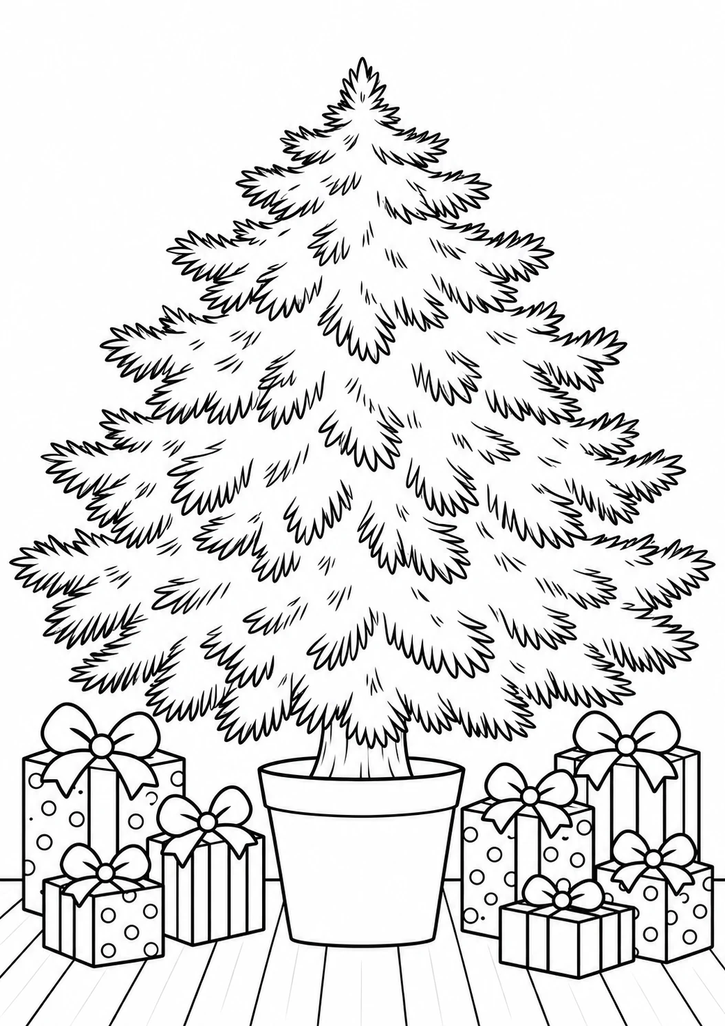 El árbol de ramas llenas: árbol de Navidad en blanco y negro para colorear