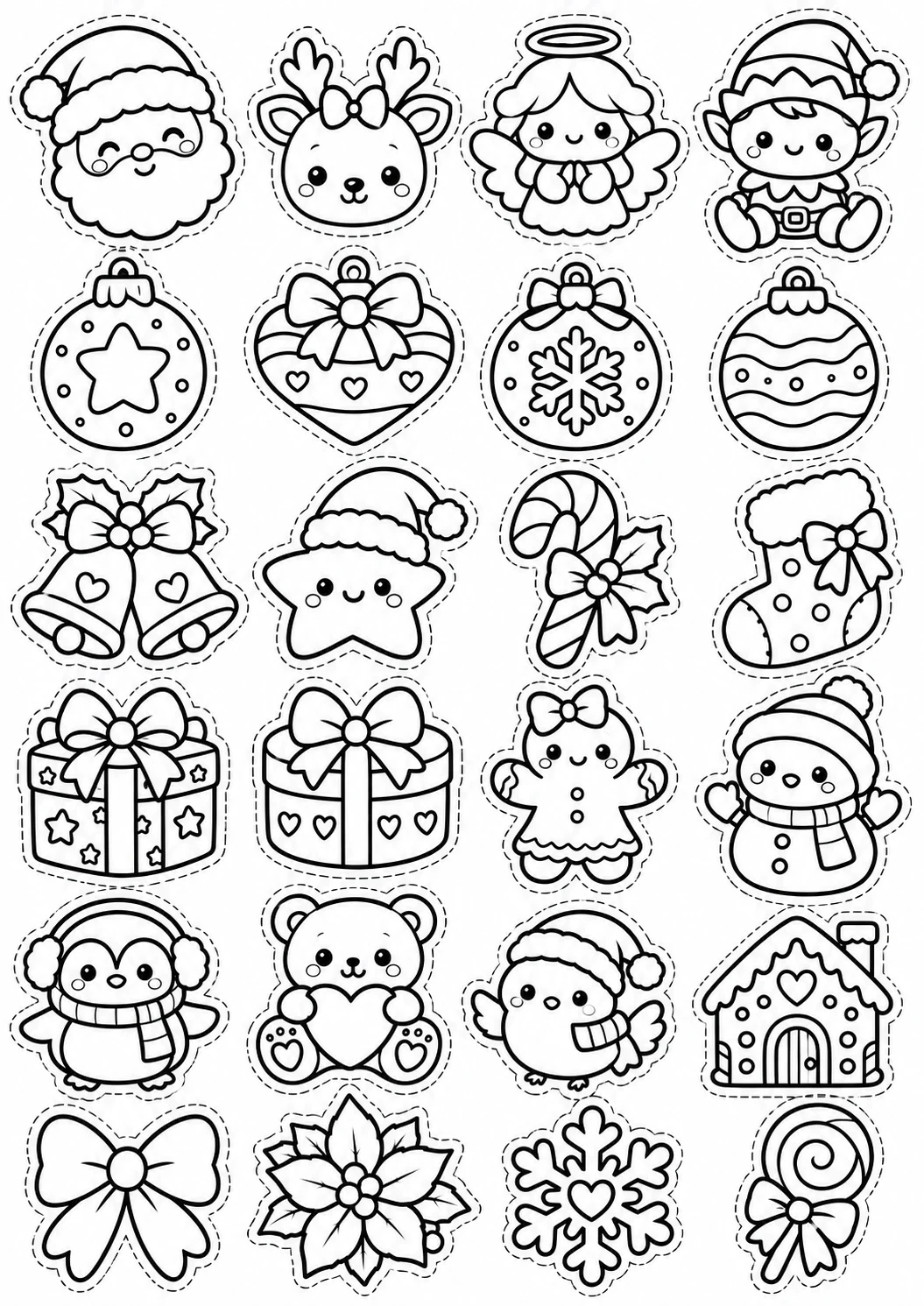 Lazos, estrellas y regalos: lámina de adornos navideños en blanco y negro para colorear y recortar