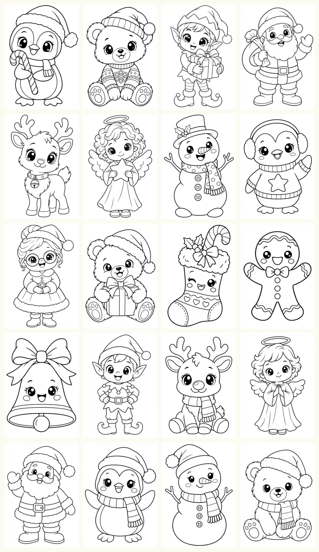 Hoja A4 con veinte personajes navideños en blanco y negro para colorear, como pingüinos, osos, duendes, renos y muñecos de nieve