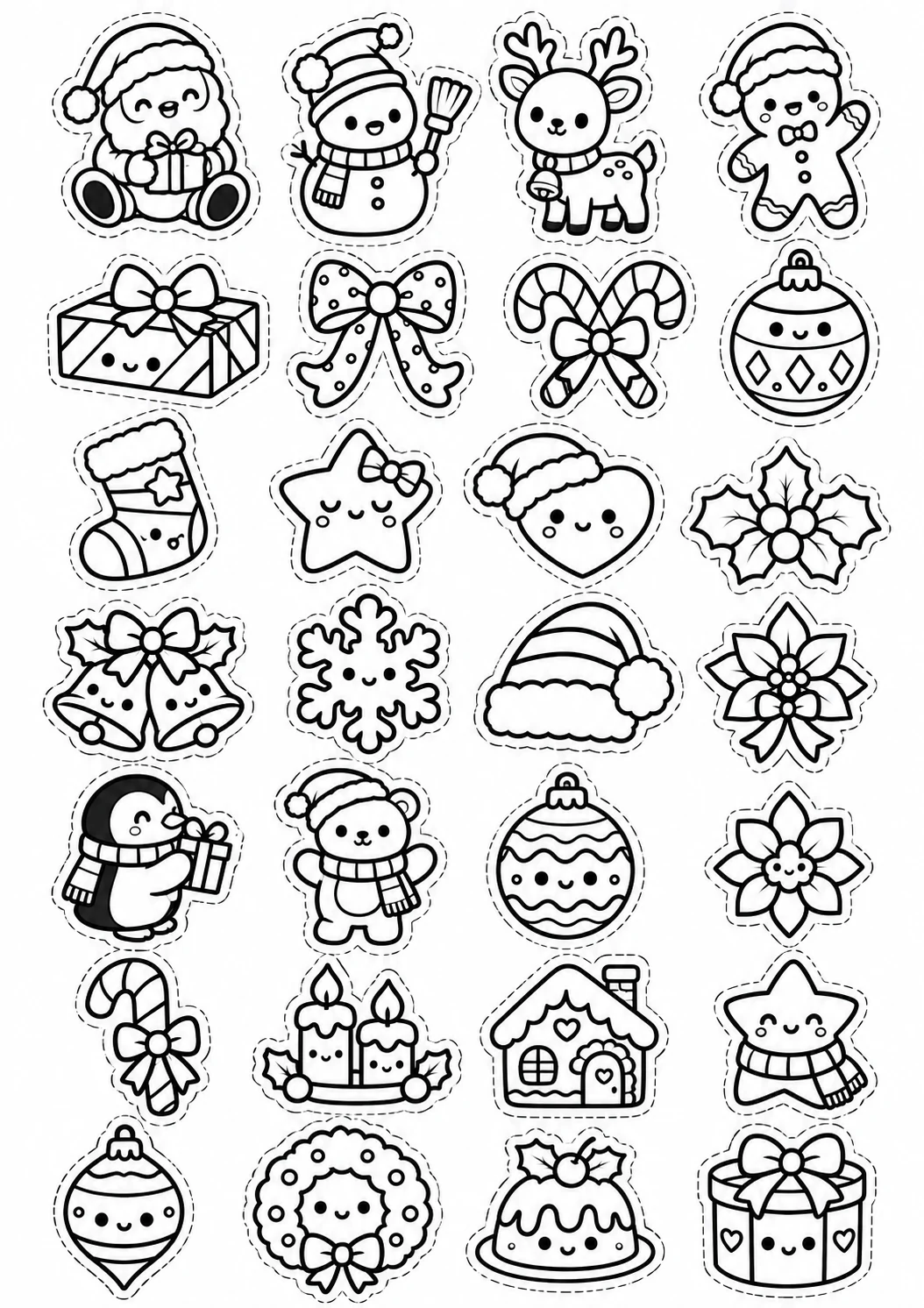 Veintiocho amiguitos: lámina de adornos navideños en blanco y negro para colorear y recortar