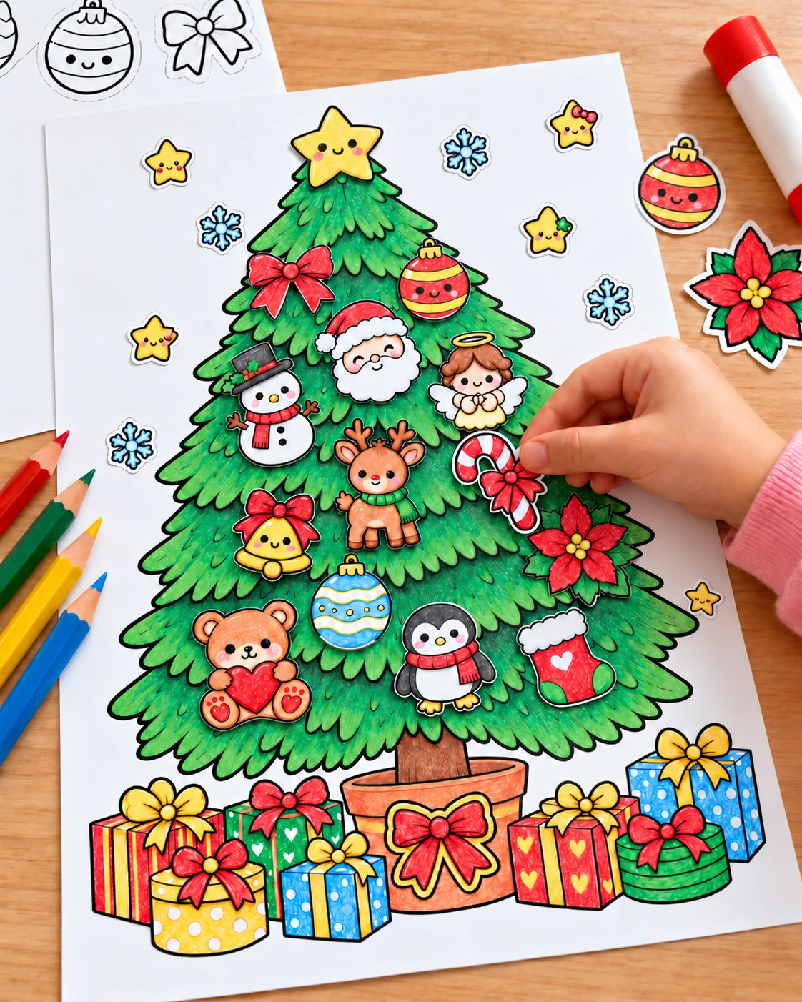 Mano de un niño pegando un adorno de color en el árbol de Navidad que él mismo pintó