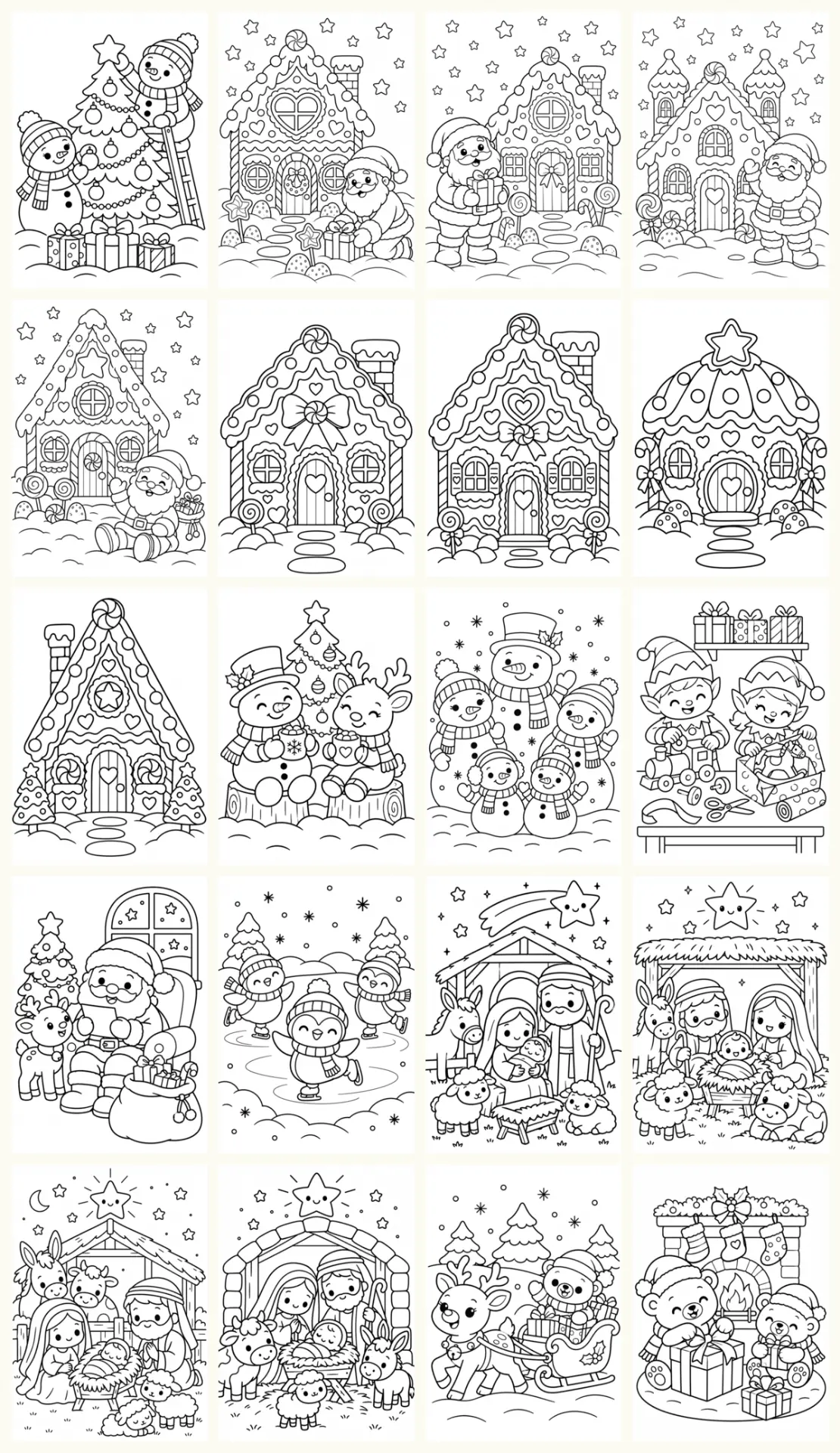 Hoja A4 con veinte escenas navideñas en blanco y negro para colorear, con pesebres, casitas de dulces, muñecos de nieve y osos
