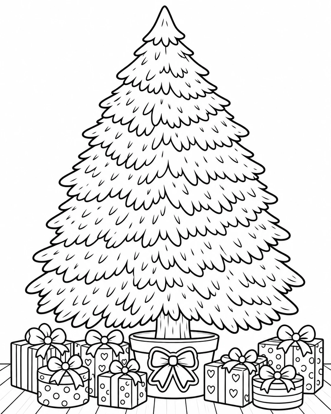 El árbol de capas y lazo: árbol de Navidad en blanco y negro para colorear